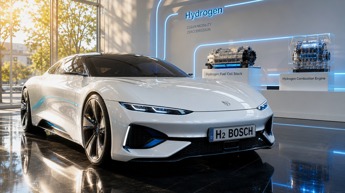 Carro esportivo branco movido a hidrogênio exposto em ambiente moderno com luz natural e tecnologia H2 Bosch.