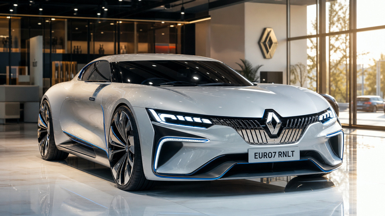 Carro esportivo elétrico branco da Renault exibido em showroom moderno e bem iluminado.