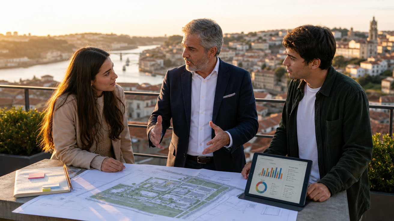 Três pessoas discutindo plano urbano em mesa ao ar livre com vista panorâmica da cidade ao pôr do sol.