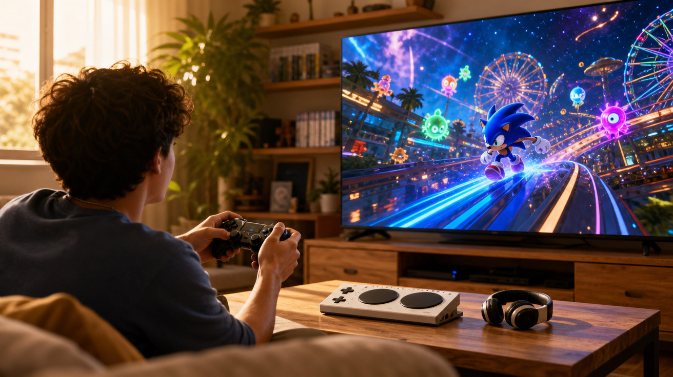 Jovem jogando videogame Sonic em TV grande na sala com controle nas mãos.