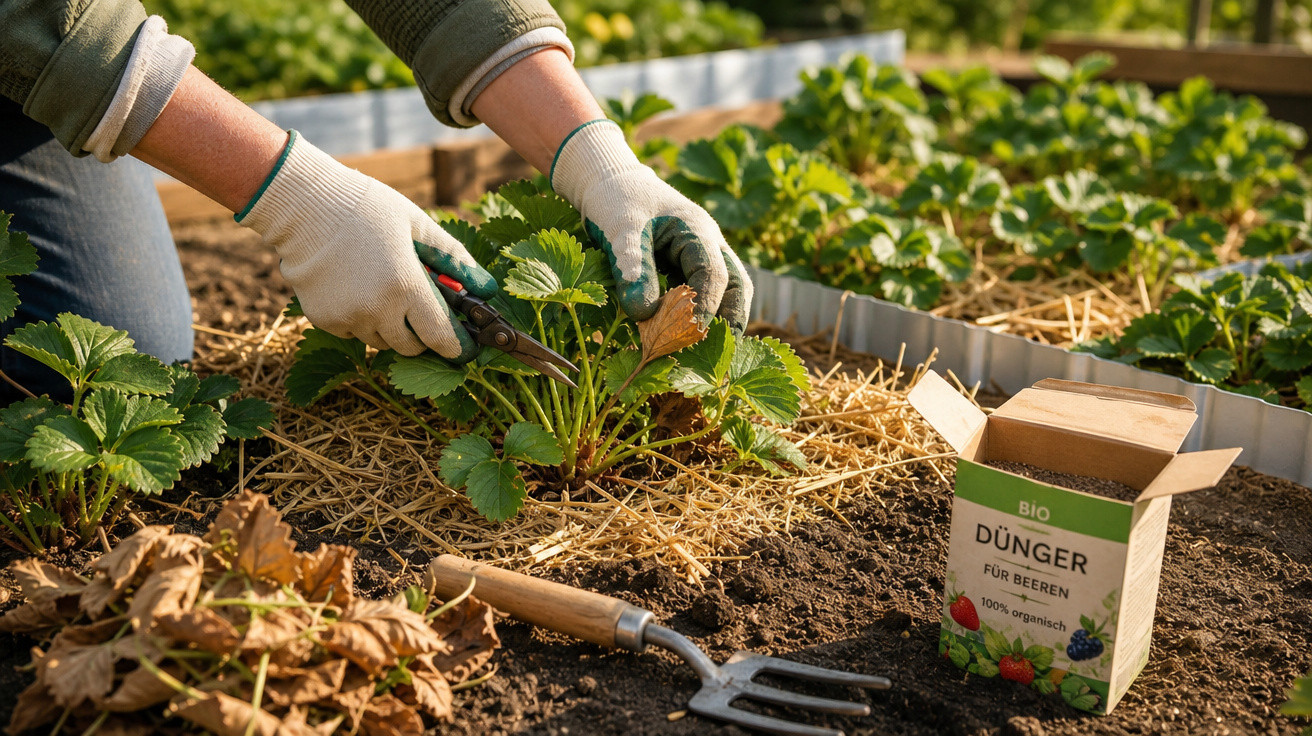 Pessoa com luvas cuidando de plantas em canteiro de morango com adubo orgânico ao lado.