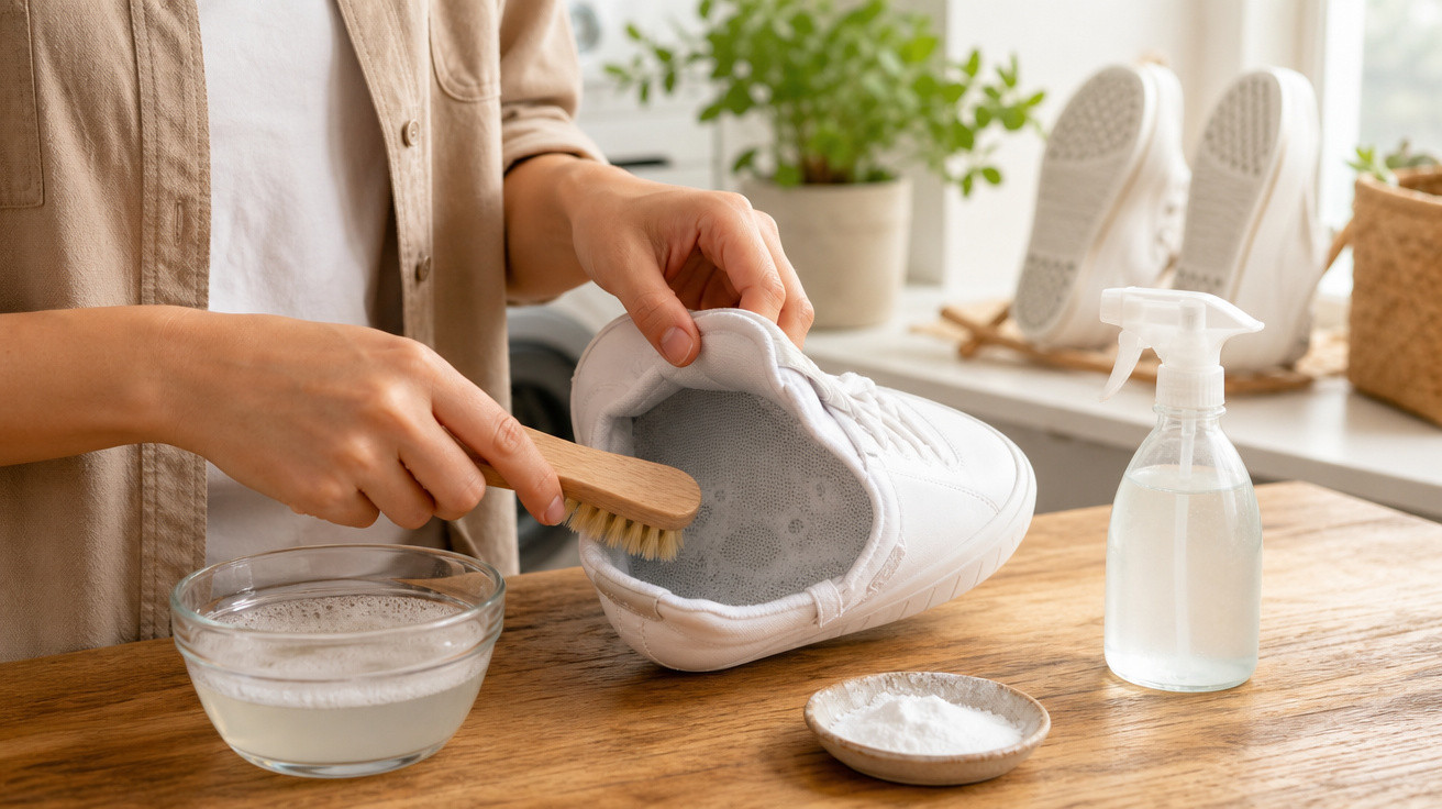 Pessoa limpando tênis branco com escova e produtos de limpeza sobre mesa de madeira.