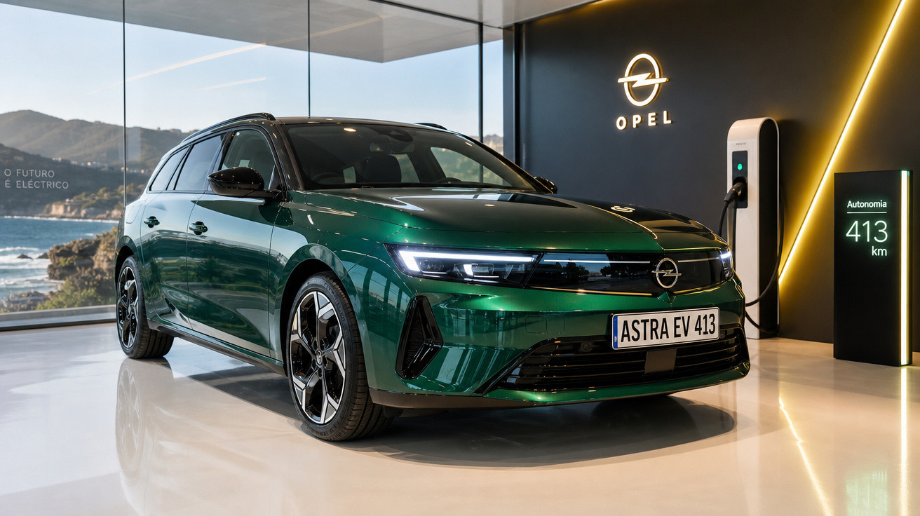 Carro elétrico verde Opel Astra EV carregando em estação com autonomia de 413 km em showroom moderno.