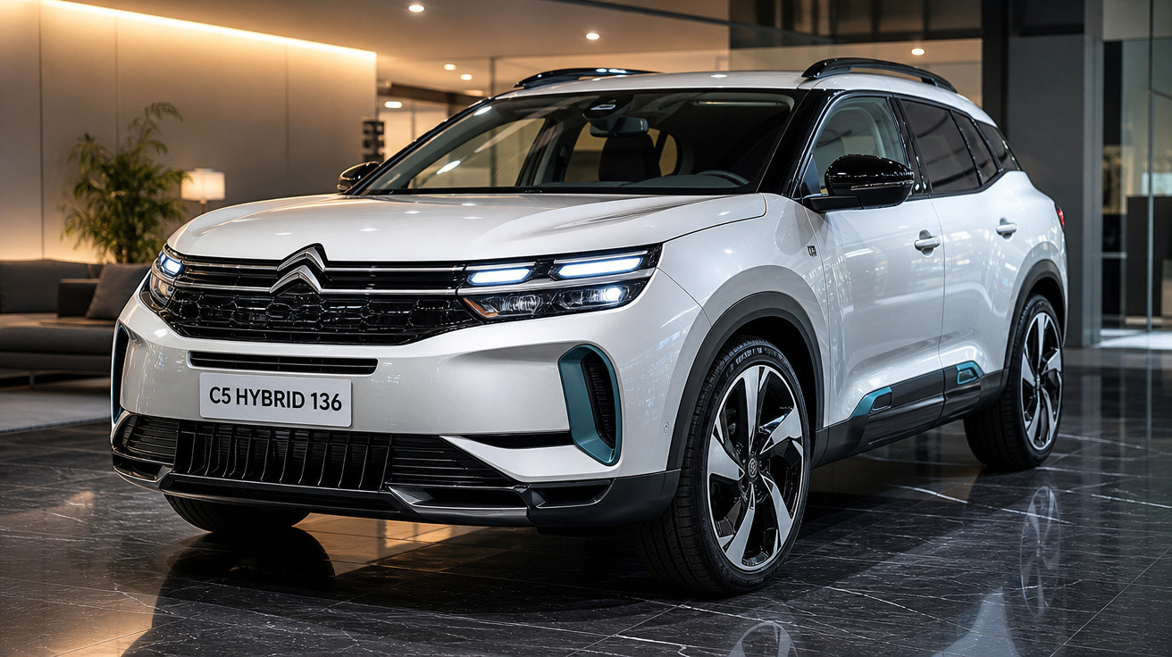 SUV Citroën C5 Hybrid branco estacionado em ambiente interno moderno e iluminado.