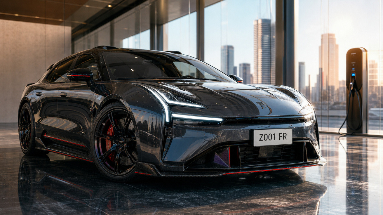 Carro esportivo elétrico preto estacionado em ambiente interno moderno com janela e cidade ao fundo.