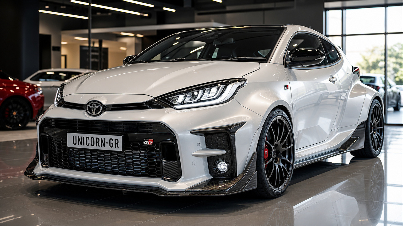 Carro esportivo branco Toyota GR com rodas pretas em showroom iluminado.