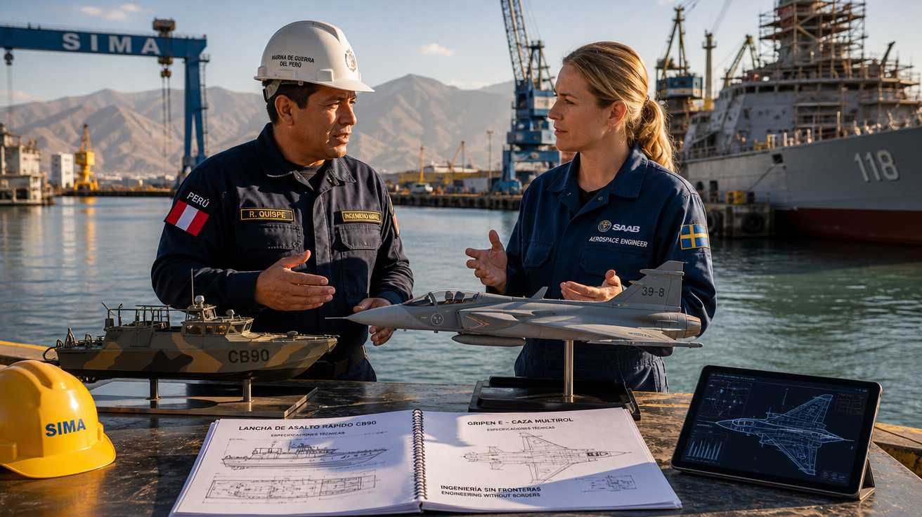 Dois engenheiros conversam em um estaleiro com maquetes de embarcação e avião sobre a mesa, com plantas técnicas e tablet.