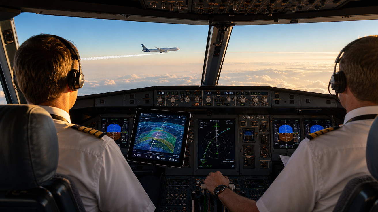 Dois pilotos em cabine de avião decolando com outro avião visível pela janela acima das nuvens.