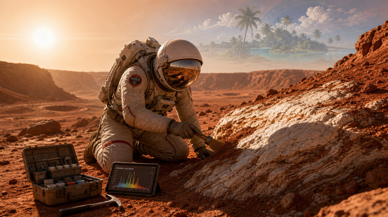Astronauta coleta amostras em superfície marciana vermelha com equipamento e visão holográfica de ilha tropical.