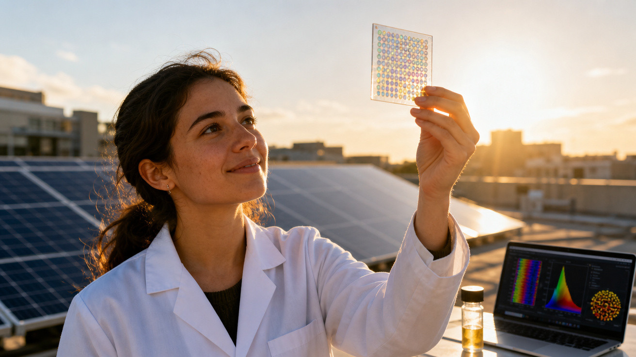 Mulher cientista observa painel com células solares, com painéis solares e laptop ao fundo, ao pôr do sol.