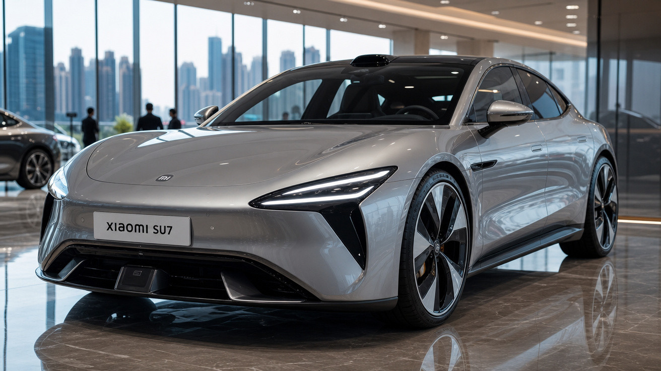 Carro elétrico prata Xiaomi SU7 em exposição dentro de showroom moderno com reflexos no piso.
