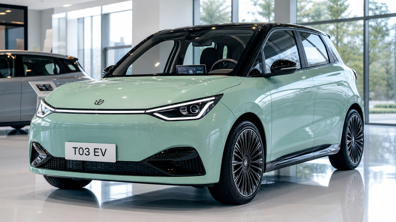 Carro elétrico T03 EV verde claro exibido em showroom moderno com grande janela de vidro ao fundo.