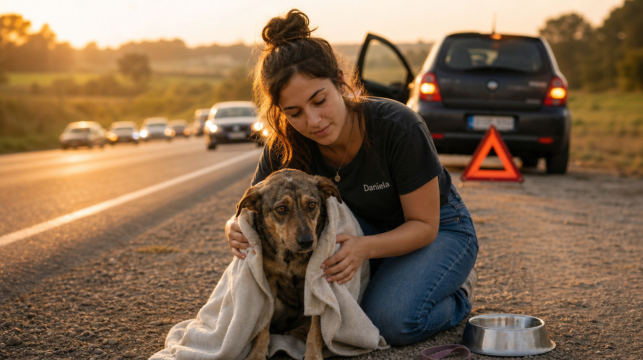 Mulher ajoelhada aquecendo cachorro com toalha na beira da estrada ao pôr do sol, carro parado atrás.