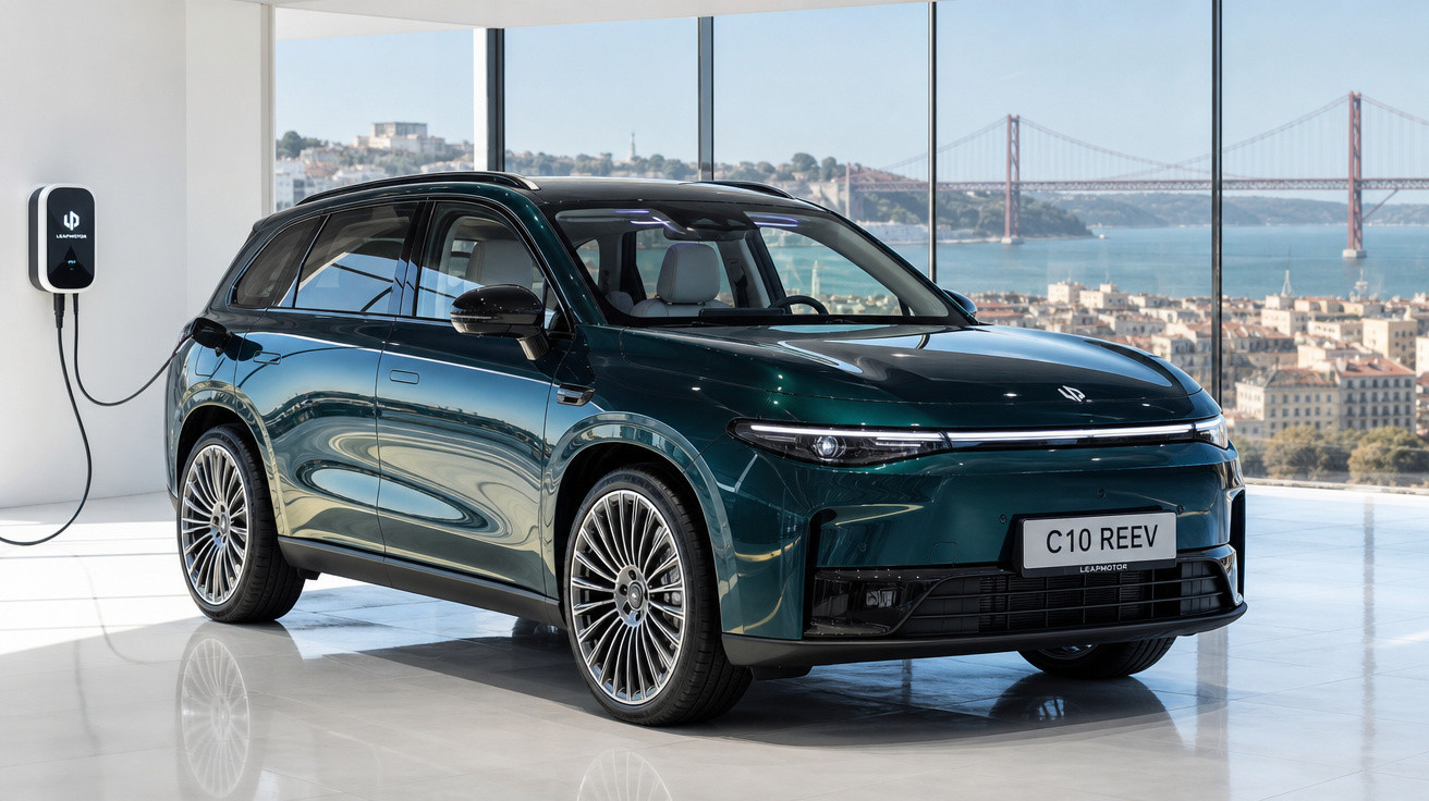 Carro elétrico SUV verde escuro estacionado em ambiente interno com parede de vidro e vista para ponte suspensa e cidade.