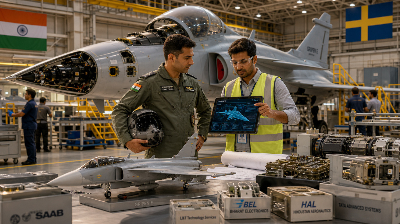 Dois homens analisando maquete e dados de jato de combate em hangar com jato real ao fundo.
