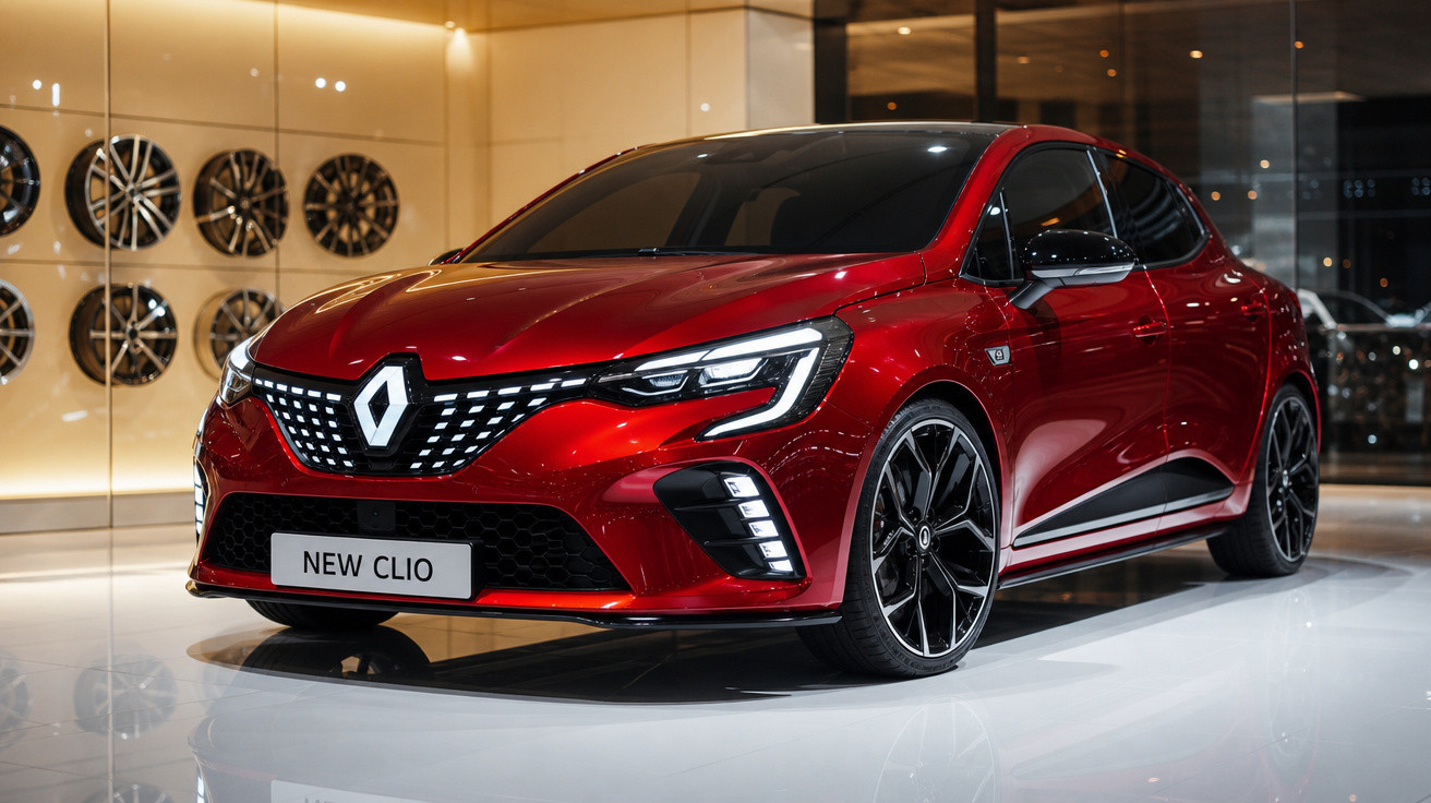 Carro Renault New Clio vermelho brilhante exibido em showroom moderno com rodas pretas esportivas.