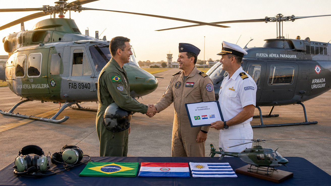 Três militares de Brasil, Paraguai e Uruguai apertam as mãos em pista com helicópteros ao fundo e bandeiras na mesa.