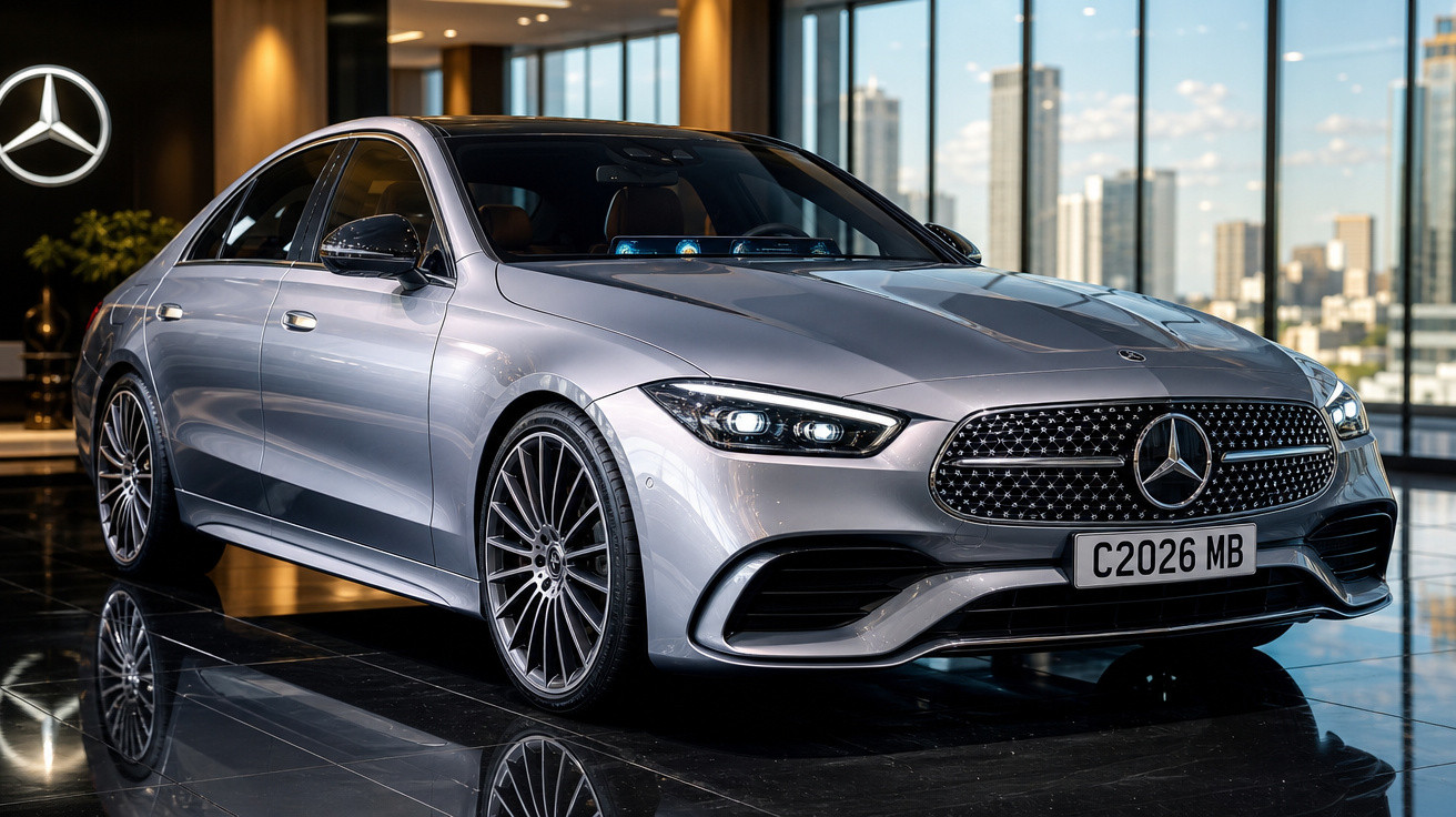 Carro prata Mercedes-Benz exibido em showroom moderno com janelas grandes e piso preto brilhante.