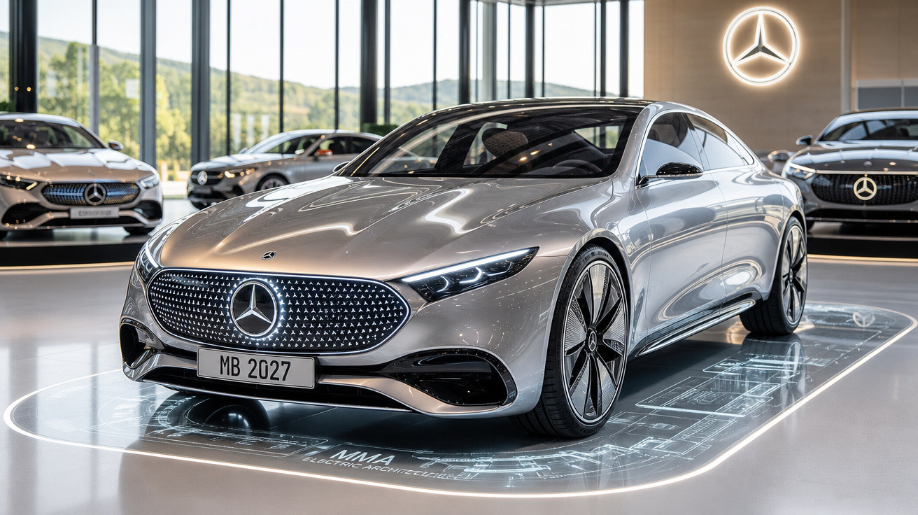 Carro conceito Mercedes-Benz prata exibido em showroom moderno com logo iluminado da marca.
