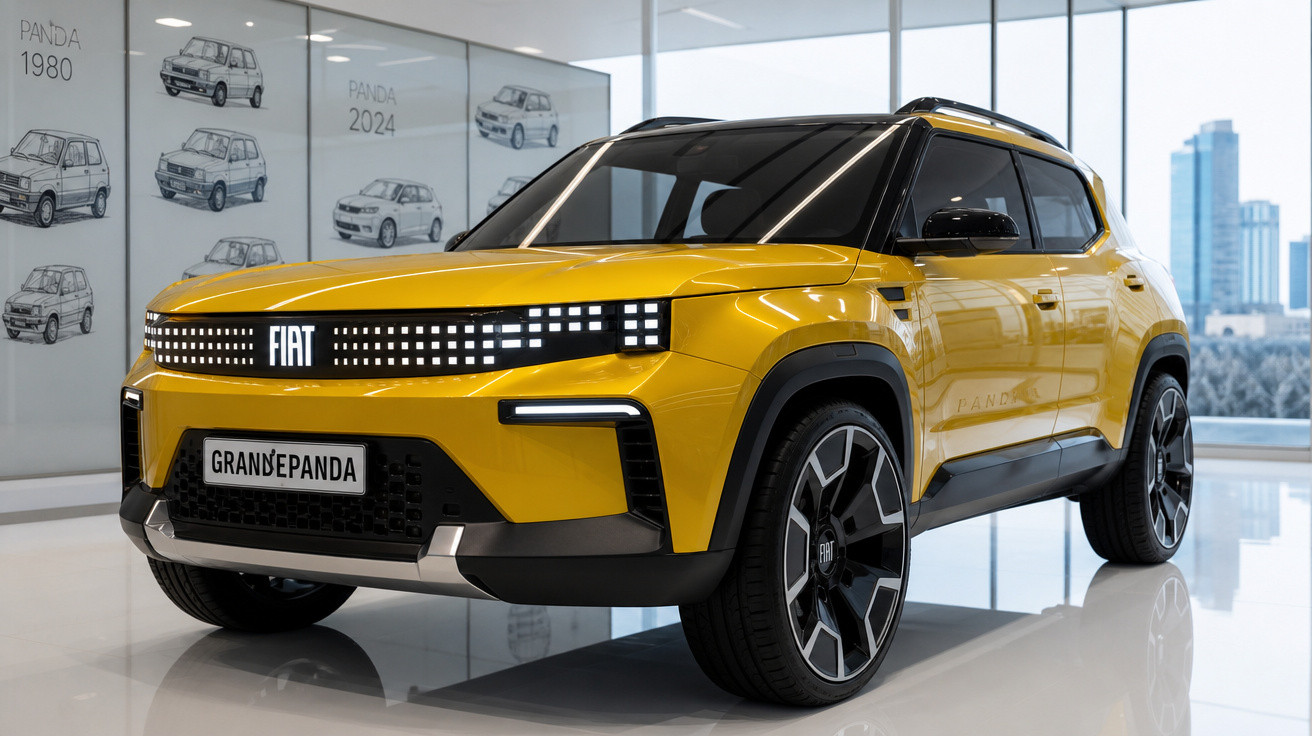 Carro SUV amarelo Fiat Grande Panda em destaque em showroom moderno, com ilustrações de modelos antigos ao fundo.