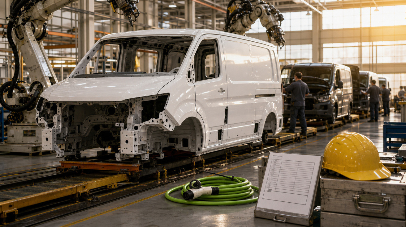 Fábrica de montagem de veículos com robôs industriais e trabalhadores próximos a vans na linha de produção.