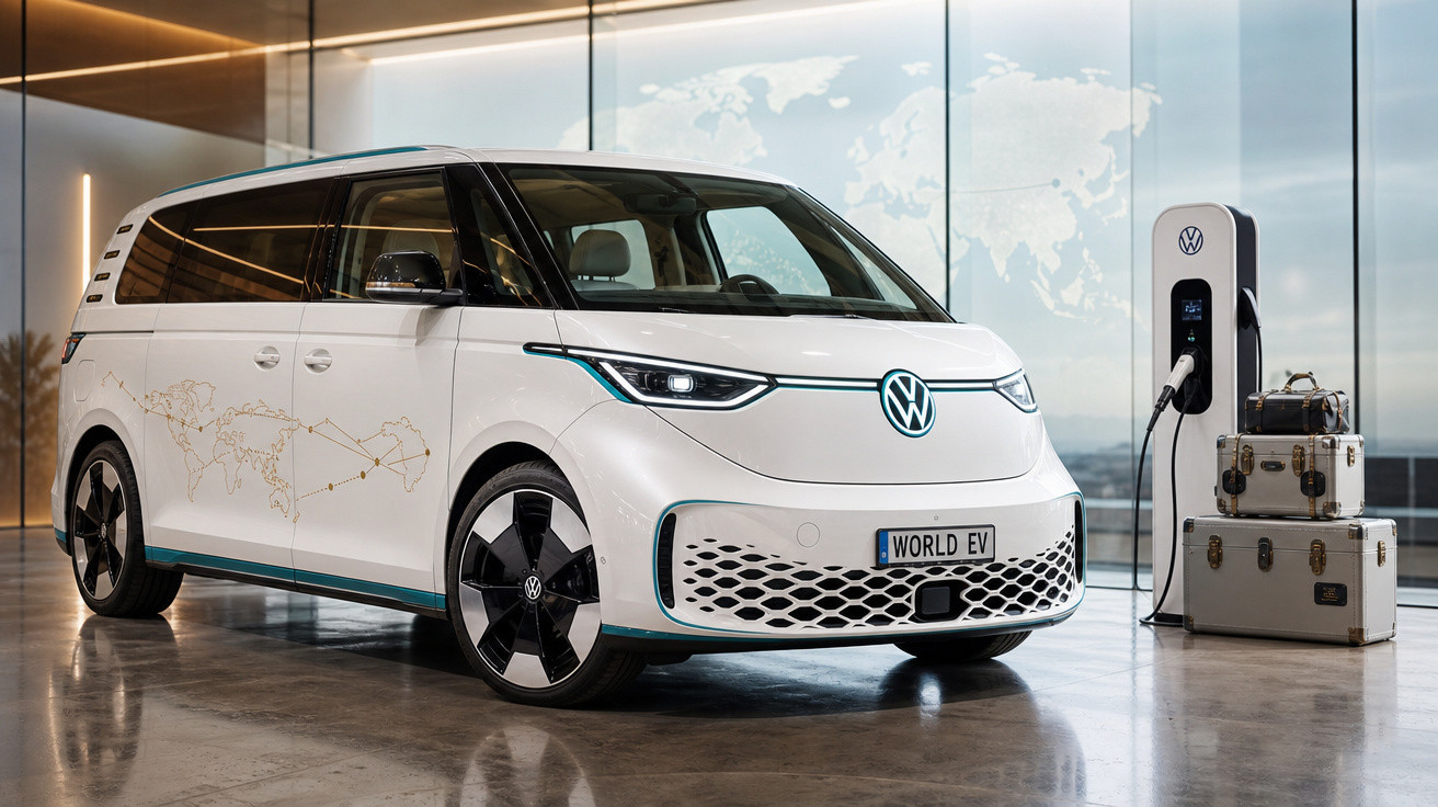 Carro elétrico branco Volkswagen ID. Buzz estacionado em espaço moderno ao lado de estação de recarga.