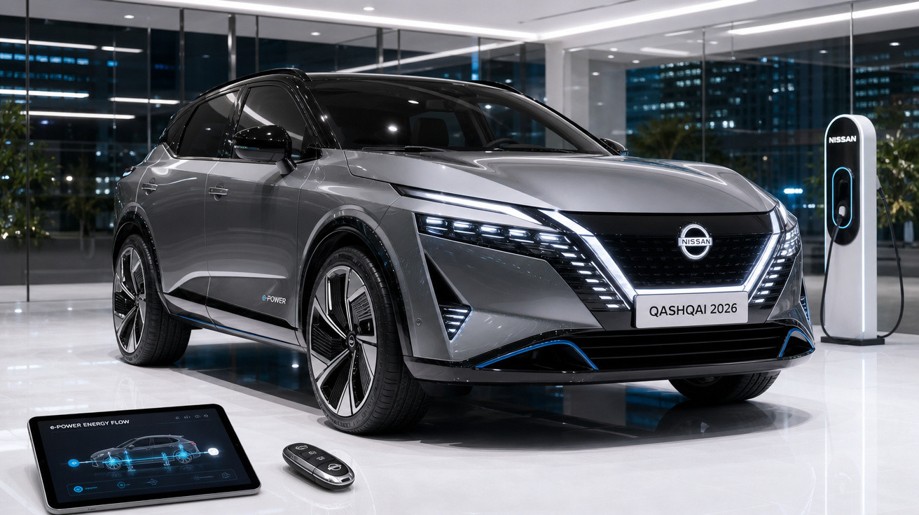 Carro elétrico Nissan Qashqai 2026 prata, moderno, em showroom com carregador e tablet ao lado.