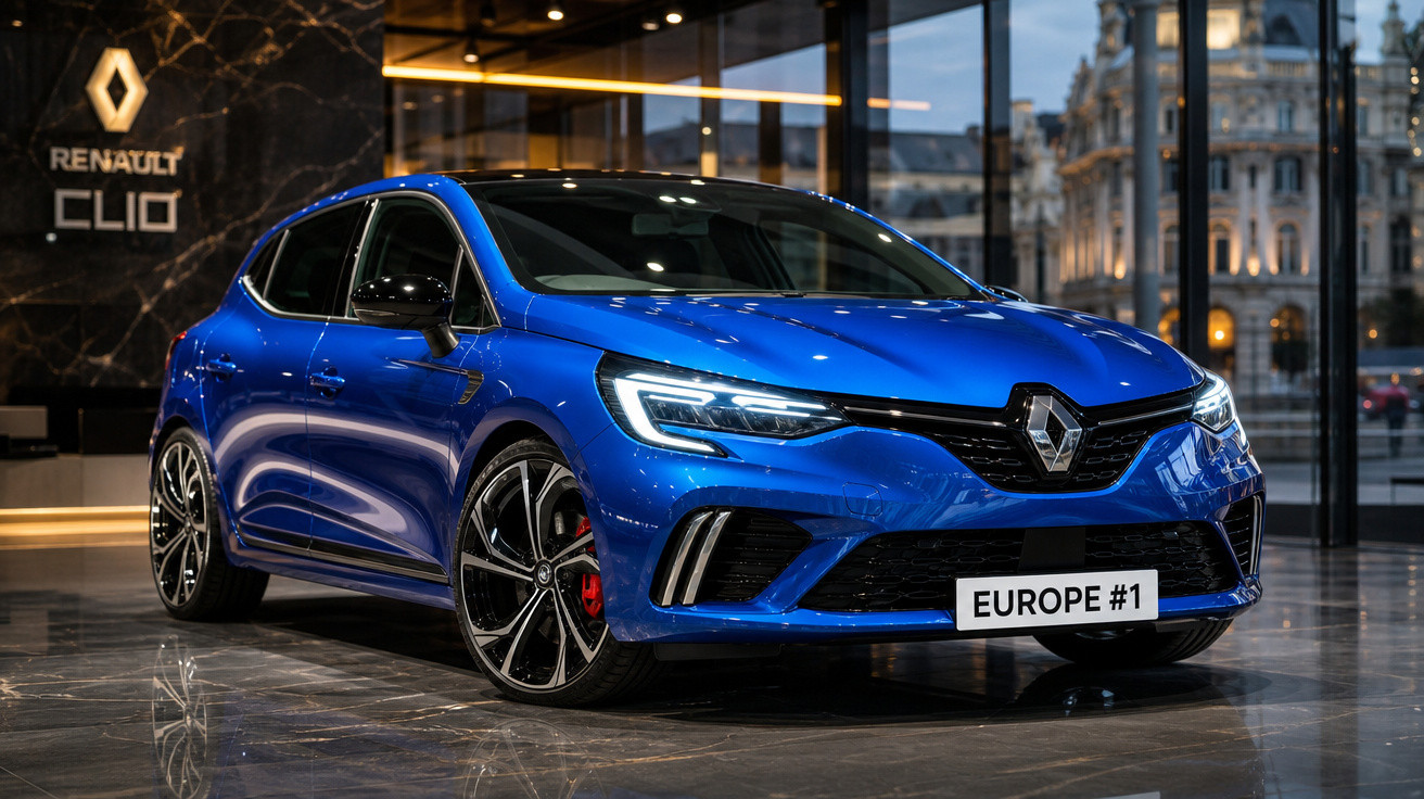 Carro Renault Clio azul exposto em showroom com placa europeia e iluminação moderna refletida no piso.