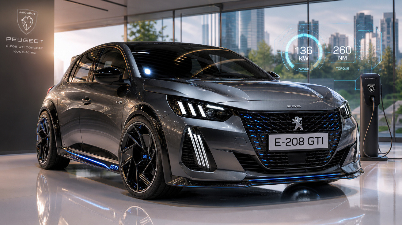 Carro elétrico Peugeot E-208 GTI Concept cinza exibido em ambiente moderno com informações de potência e torque.