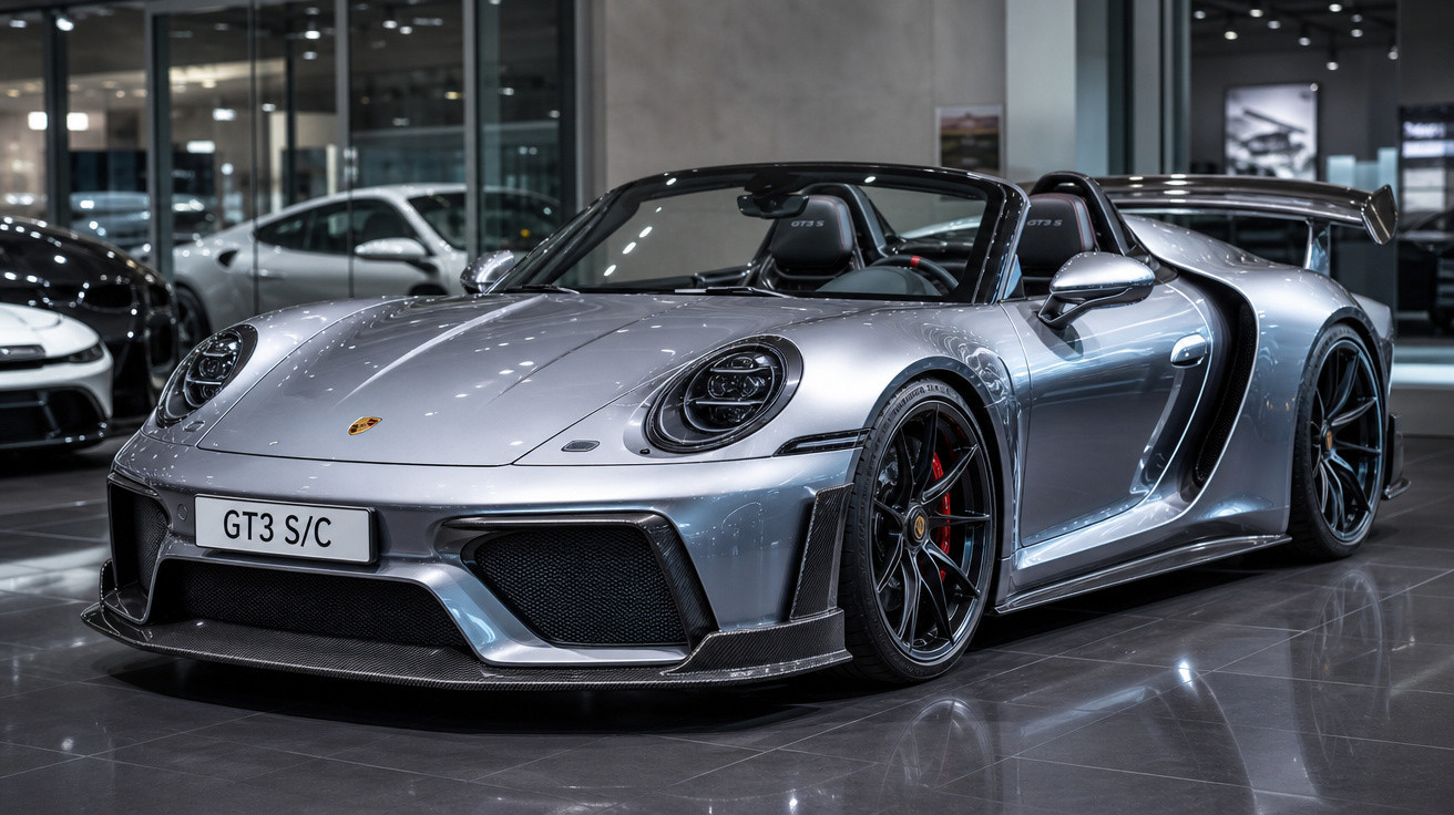 Carro esportivo conversível Porsche GT3 S/C prata exibido em showroom moderno com piso refletivo.