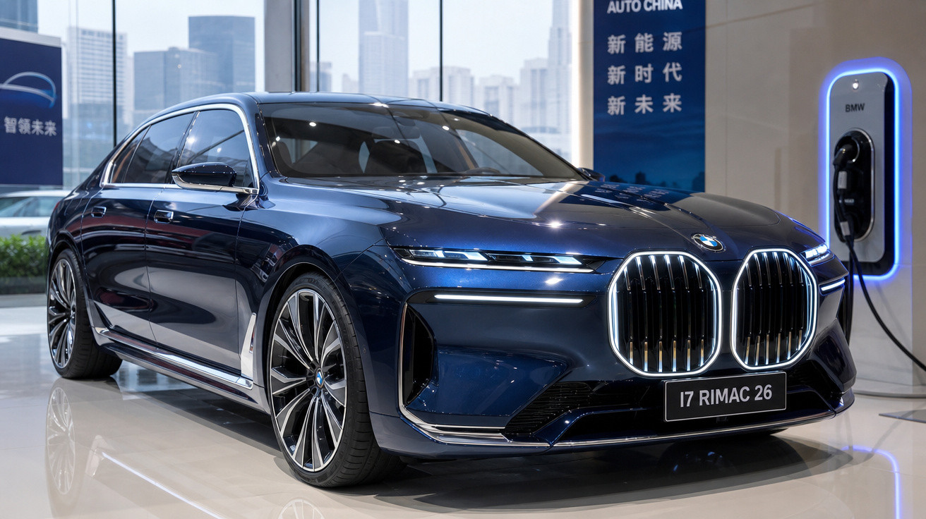 Carro elétrico BMW azul escuro estacionado em showroom moderno com carregador ao lado.