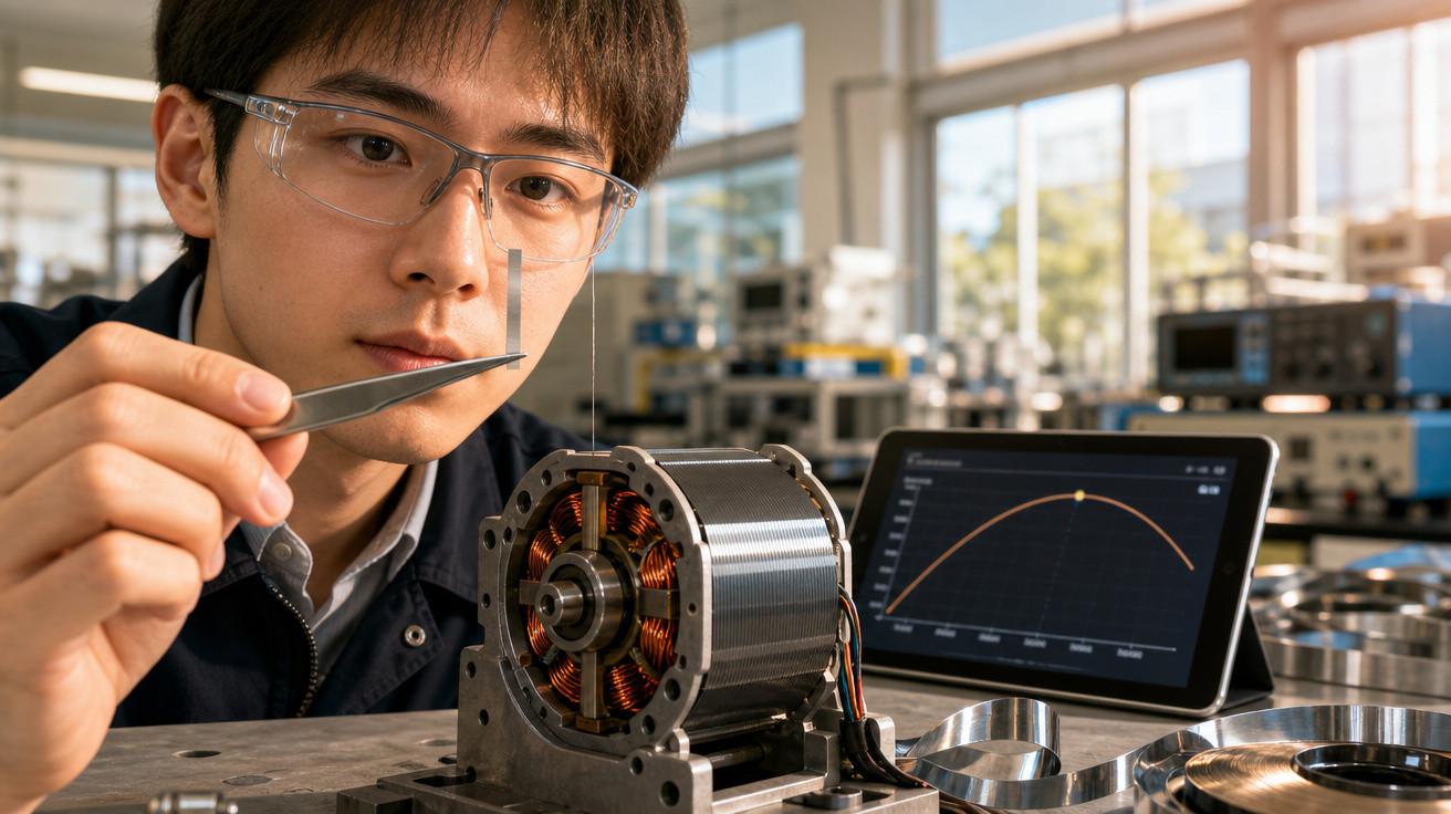 Jovem engenheiro ajusta peça metálica em motor elétrico com tablet exibindo gráfico ao fundo em laboratório.