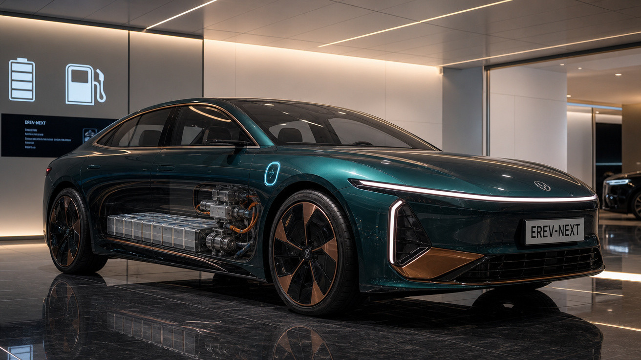 Carro elétrico verde exposto com parte do motor e bateria visíveis, ambiente moderno e iluminado.