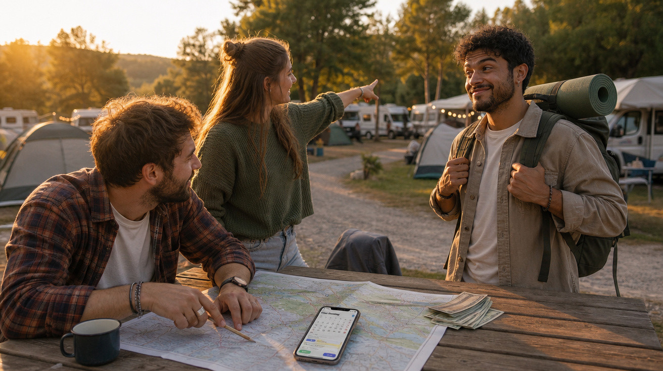 Três amigos conversando em acampamento, com mapa e mochila, ao pôr do sol.