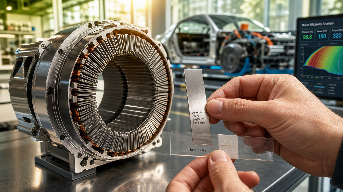 Motor elétrico aberto e mão segurando lâmina de aço amorfo fina comparada a fio de cabelo humano.