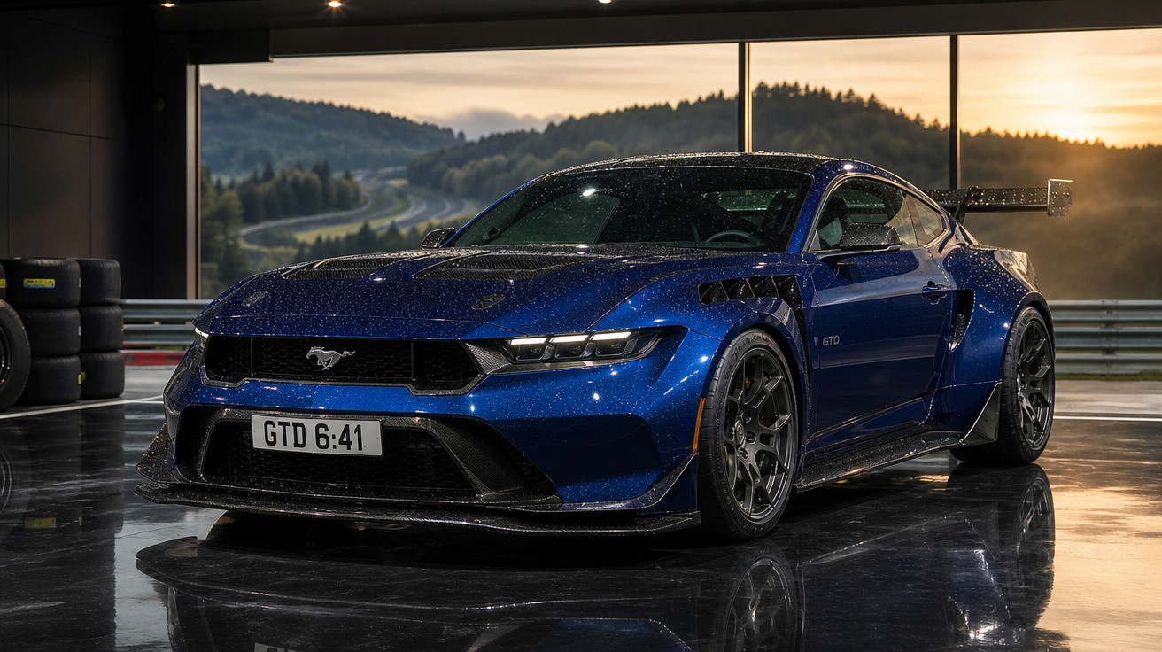 Carro esportivo Ford Mustang azul GTD estacionado em garagem com ventos a pôr do sol ao fundo.