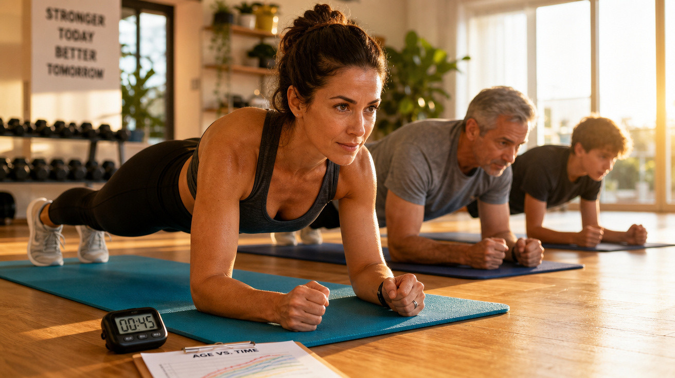 Três pessoas de diferentes idades fazem prancha abdominal em tapetes de yoga em ambiente iluminado por luz natural.