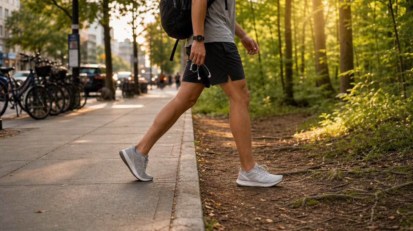 Pessoa com mochila e fones caminhando da calçada para um caminho de terra em área urbana arborizada.
