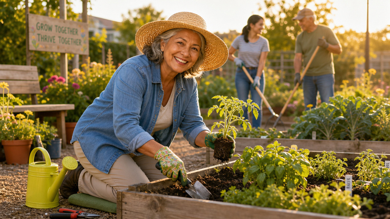 Mulher sorridente plantando mudas em jardim comunitário ao entardecer, com duas pessoas ao fundo cuidando das plantas.
