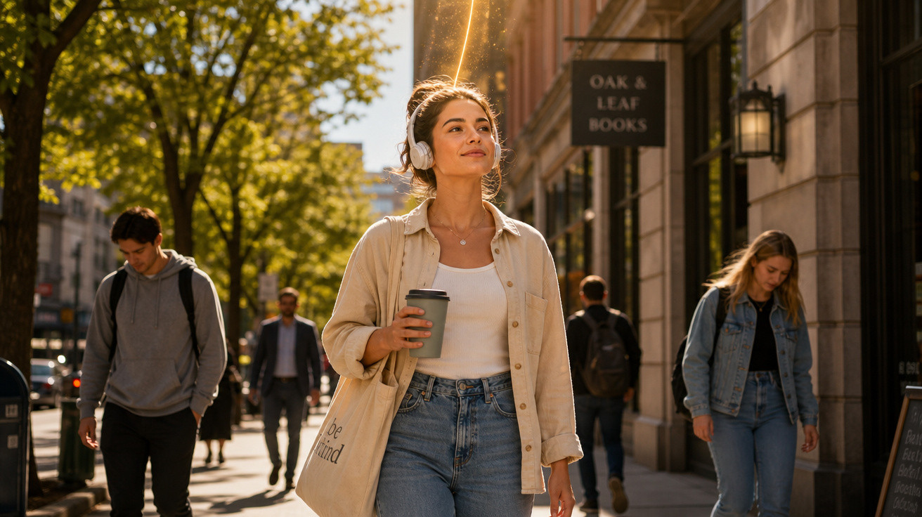 Mulher caminhando na cidade com fones de ouvido, café na mão e luz do sol ao fundo.