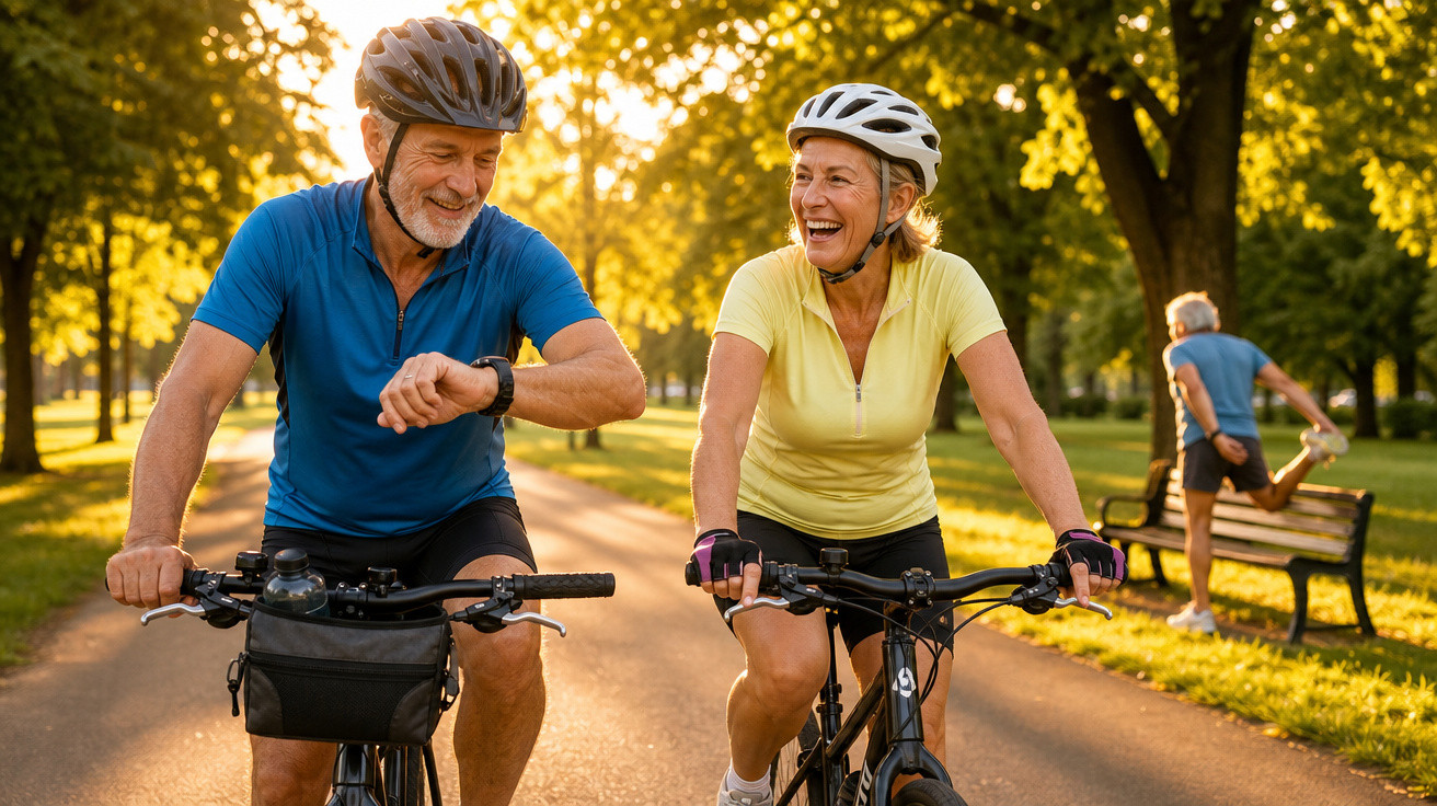 Casal de idosos pedalando em parque ensolarado enquanto homem ao fundo se alonga próximo a banco.