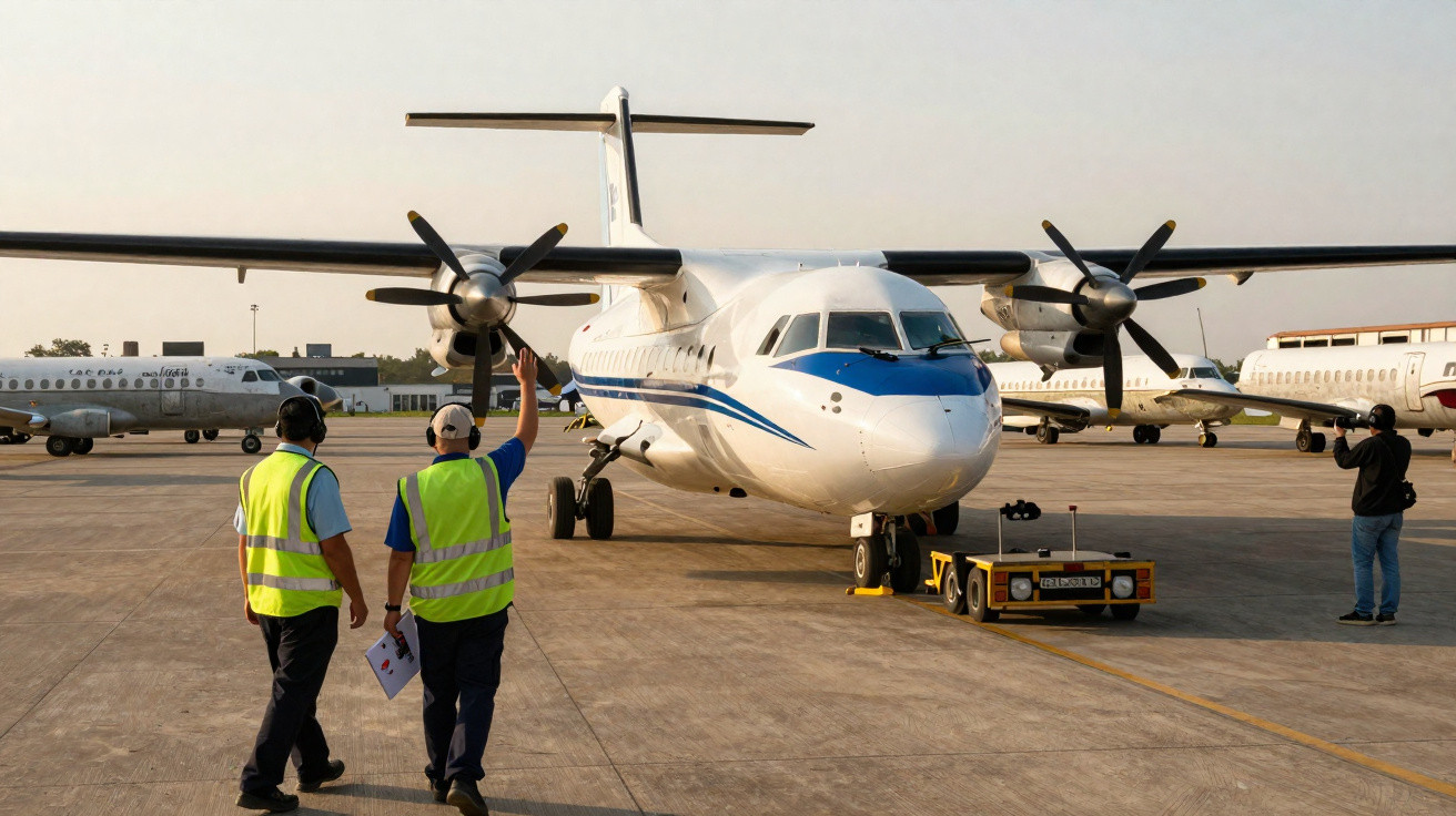 Avião branco com detalhes azuis no pátio do aeroporto, com dois funcionários em coletes refletivos caminhando à frente.