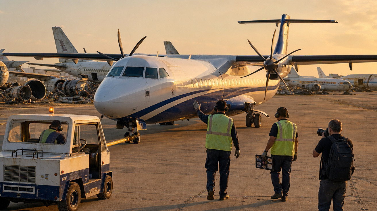 Avião turboélice em pátio com três trabalhadores e um fotógrafo durante o pôr do sol.