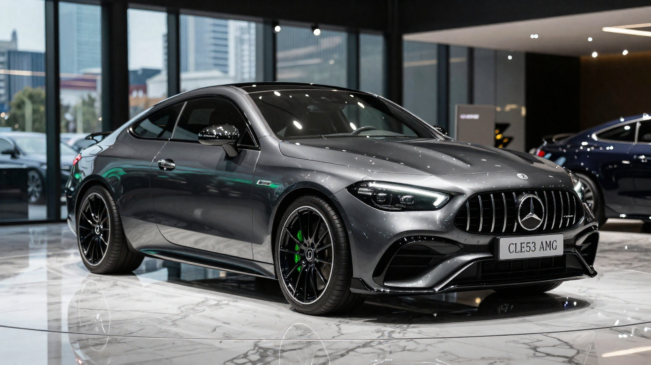 Carro esportivo Mercedes-Benz cinza estacionado em showroom moderno com piso de mármore.
