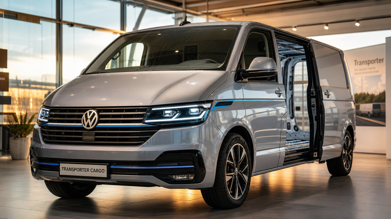 Van Volkswagen Transporter Cargo prata estacionada em showroom com porta lateral aberta.
