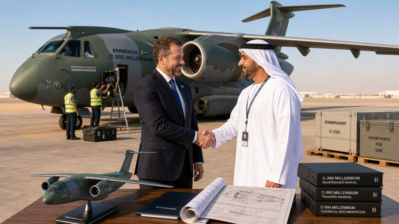 Dois homens apertam as mãos em frente a avião militar Embraer C-390 Millennium com modelos e documentos técnicos.