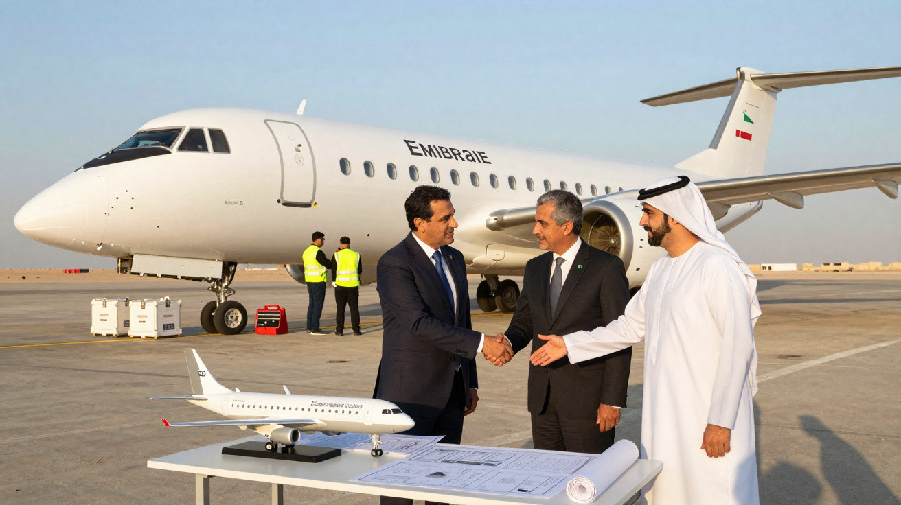 Três homens em terno e traje tradicional apertam as mãos diante de avião Embraer e modelo em miniatura no aeroporto.