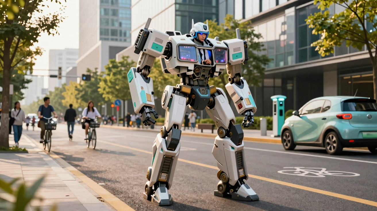 Homem vestido com traje robô futurista branco andando em rua urbana movimentada.
