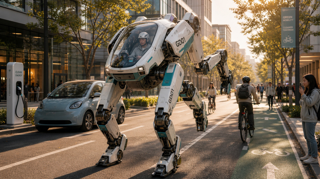 Homem dirigindo robô futurista bípede em rua urbana movimentada ao entardecer.
