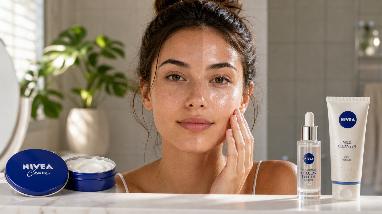 Mulher com cabelos presos aplicando creme no rosto ao lado de produtos Nivea sobre bancada branca.